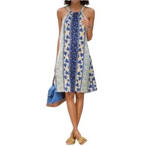 SUNDANCE Womens Blue White Floral Silk Lined Sleeveless Halter Shift Dress Sz XL